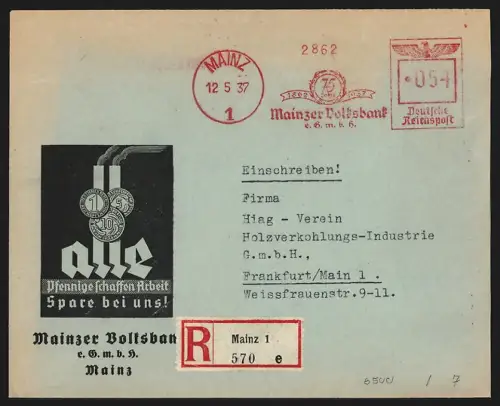 Dekorativer Brief Mainz, Mainzer Volksbank eGmbH, Alle Pfennige schaffen Arbeit