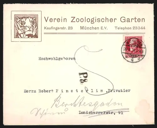 Dekorativer Brief München, Verein Zoologischer Garten, Kaufingerstrasse 23, Tiger