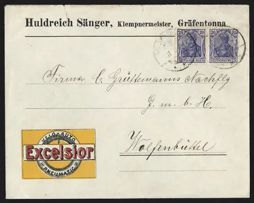 Dekorativer Brief Gräfentonna, Klempnermeister Huldreich Sänger, Reklame Excelsior Pneumatic