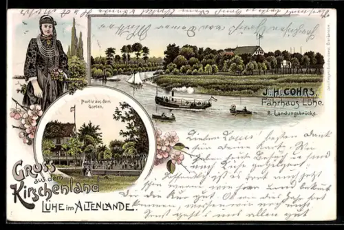 Lithographie Lühe im Altenlande, Fährhaus J. H. Cohrs, 2. Landungsbrücke, Partie aus dem Garten