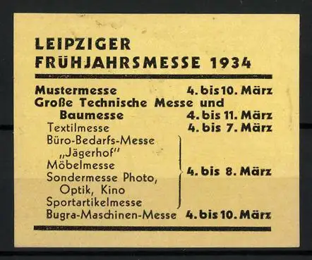 Reklamemarke Leipzig, Frühjahrsmesse 1934, Textilmessen und Sportartikelmesse, Ausstellung