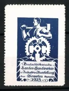 Reklamemarke Komotau, Landes-Handwerker- u. Industrie-Ausstellung 1913, Arbeiter mit Hammer