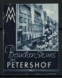 Reklamemarke Petershof, Mustermesse, Ausstellung, Stadtszene