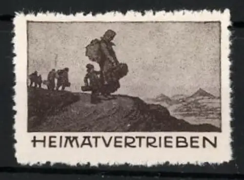 Reklamemarke Heimatvertriebene, Wanderer in Landschaft