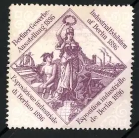 Reklamemarke Berlin, Berliner Gewerbe-Ausstellung 1896, Allegorie und Fabrikszene, lila