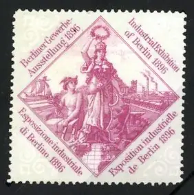 Reklamemarke Berlin, Berliner Gewerbe-Ausstellung 1896, Industrie und Allegorie, lila