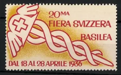 Reklamemarke Basilea, 20ma Fiera Svizzera 1936, Äskulapstab und Schweizer Kreuz