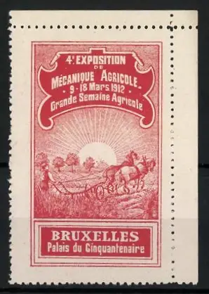Reklamemarke Brüssel, 4. Exposition de Mécanique Agricole 1912, Pferdegespann