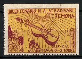 Reklamemarke Cremona, Bicentenario di A. Stradivari 1937, Geige und Strahlenbündel