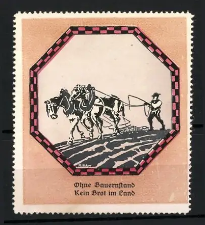 Reklamemarke Bauer mit auf seinem Feld mit Pferdepflug