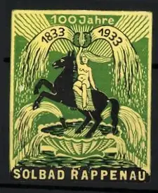 Reklamemarke Rappenau, 100 Jahre Jubiläum, Frau auf Pferd vor Wasserfontäne