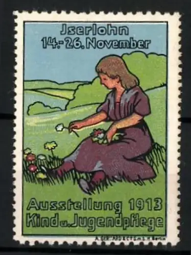 Reklamemarke Iserlohn, Ausstellung 1913 Kind- u. Jugendpflege, Mädchen auf Wiese