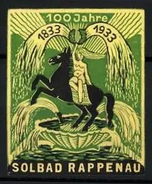 Reklamemarke Rappenau, 100 Jahre Jubiläum, Frau auf Pferd im Wasserbecken