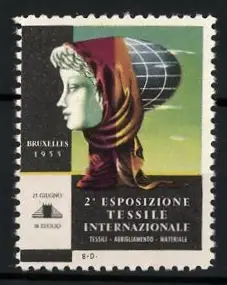 Reklamemarke Brüssel, 2. Esposizione Tessile Internazionale 1955, Frauenkopf mit Globus
