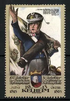 Reklamemarke Kelheim, 100 Jahrfeier der Befreiungskämpfe 1913, Soldat mit Fahne