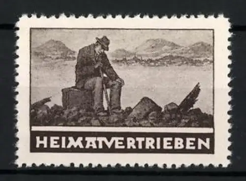 Reklamemarke Heimatvertrieben, Flüchtender Mann auf Koffer