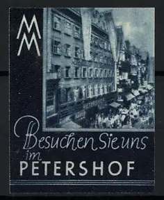 Reklamemarke Petershof, Einkaufsstrasse mit Passanten