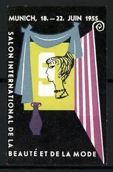 Reklamemarke Munich, Salon International de la Beauté et de la Mode 1955, Frauenprofil und Vorhang