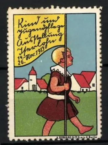Reklamemarke Iserlohn, Kind und Jugendpflege Ausstellung 1913, Kind mit Fahne