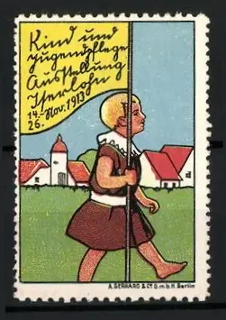 Reklamemarke Iserlohn, Kind und Jugendpflege Ausstellung 1913, Kind mit Fahne