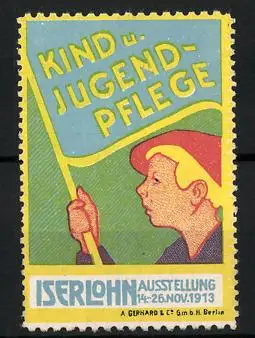 Reklamemarke Iserlohn, Ausstellung Kind- u. Jugendpflege 1913, Kind mit Fahne