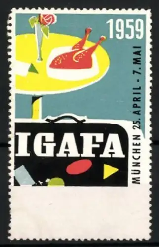 Reklamemarke München, IGAFA 1959, Tisch mit Geschirr und Koffer