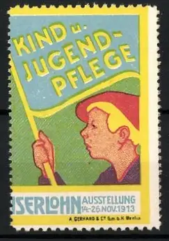 Reklamemarke Iserlohn, Ausstellung Kind- u. Jugendpflege 1913, Junge mit Fahne