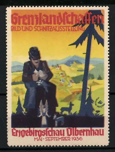 Reklamemarke Olbernhau, Bild und Schnitzausstellung 1936, Schnitzender Mann