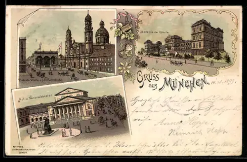 Lithographie München, Hof- und Nationaltheater, Akademie der Künste, Theatinerkirche und Feldherrenhalle