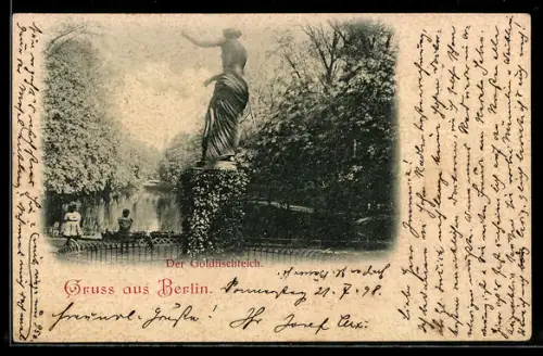 AK Berlin-Tiergarten, Goldfischteich mit Statue