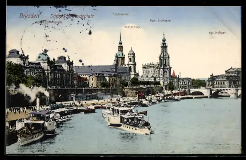 AK Dresden, Dampfschiffanlegeplatz, Schloss, Kath. Hofkirche, Ständehaus