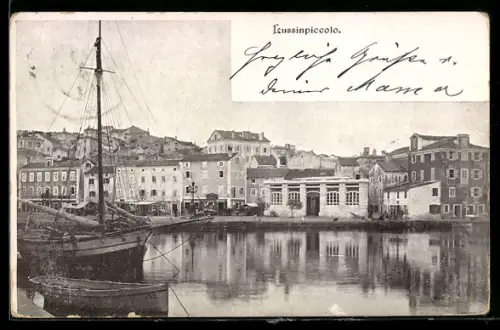 AK Lussinpiccolo, Hafenansicht mit Segelschiff