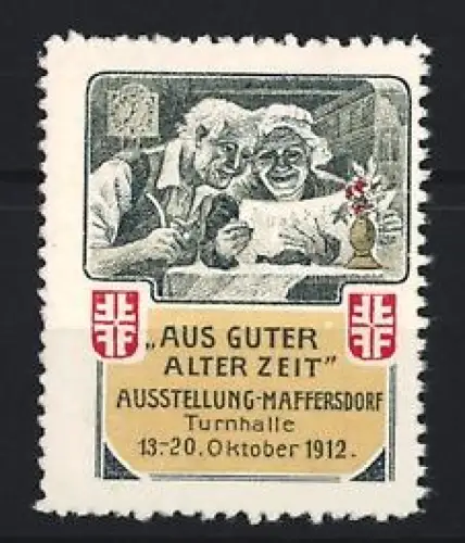 Reklamemarke Maffersdorf, Ausstellung Aus guter alter Zeit 1912, zwei fröhliche Menschen am Tisch
