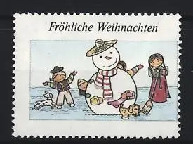 Reklamemarke Fröhliche Weihnachten, Schneemann mit Kindern und Hund