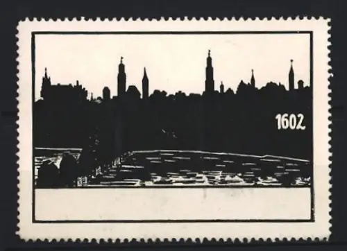Reklamemarke Ortsansicht, Skyline mit Türmen im Jahr 1602
