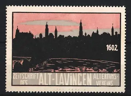 Reklamemarke Lauingen, Zeitschrift des Altertumsvereins, Stadtsilhouette 1602