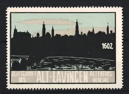 Reklamemarke Lauingen, Zeitschrift des Altertumsvereins, Stadtsilhouette 1602
