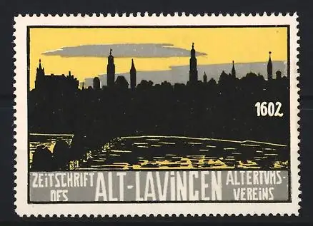 Reklamemarke Lauingen, Zeitschrift des Altertumsvereins, Stadtsilhouette 1602