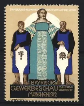 Reklamemarke München, Bayrische Gewerbeschau 1912, Ausstellung, Schutzpatronin mit Handwerkern