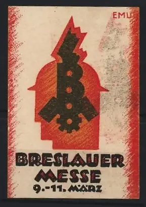 Reklamemarke Breslau, Breslauer Messe 9.-11. März, Ausstellung, Zahnradsymbol