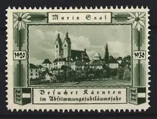 Reklamemarke Maria Saal, Teilansicht mit Kirche und Wohnhäusern