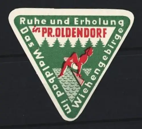 Reklamemarke Pr. Oldendorf, Wald im Wiehengebirge, Frau über dem Wasser