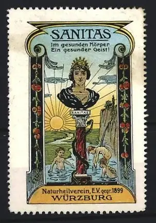 Reklamemarke Würzburg, Sanitas, Naturheilverein, Büste mit badenden Menschen