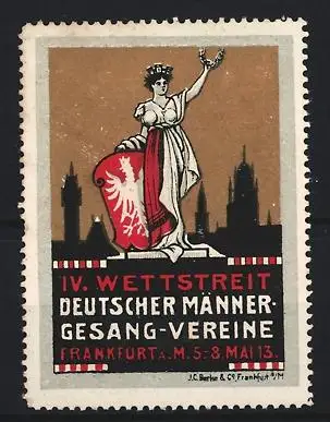 Reklamemarke Frankfurt a. M., IV. Wettstreit Deutscher Männer-Gesang-Vereine 1913, Statue mit Wappen