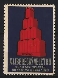 Reklamemarke Liberec, X. Liberecký Veletrh 1929, rotes Gebäude