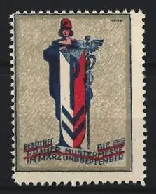 Reklamemarke Prag, Mustermesse, Ausstellung, Frau mit Wappen