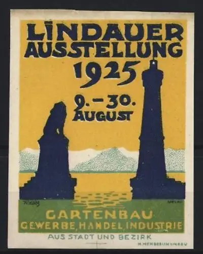 Reklamemarke Lindau, Lindauer Ausstellung für Gartenbau, Gewerbe, Handel und Industrie 1925, Leuchtturm und Löwe