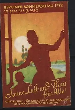 Reklamemarke Berlin, Berliner Sommerschau 1932 für Anbauhaus und Kleingärten, Ausstellung, Frau mit Kind am Fenster
