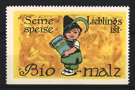 Reklamemarke Biomalz, Kräftigungspräparat, Kind in Tracht mit Packung