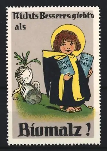 Reklamemarke Biomalz, Kräftigungspräparat, Münchner Kindl mit Heiligenschein und Rettich